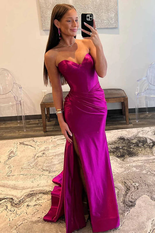 Bold Magenta Satin Mermaid Strapless Sweetheart Ruched High-Slit Train Evening Dress