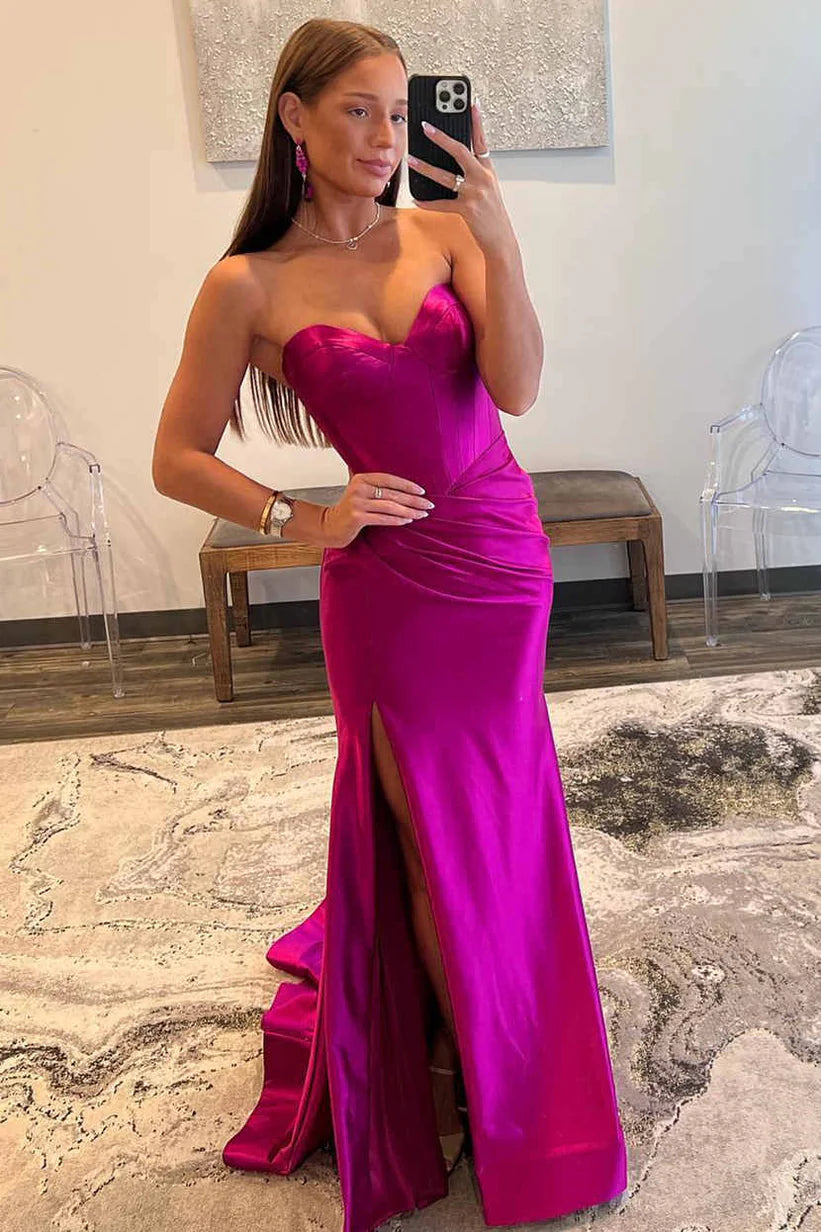 Bold Magenta Satin Mermaid Strapless Sweetheart Ruched High-Slit Train Evening Dress