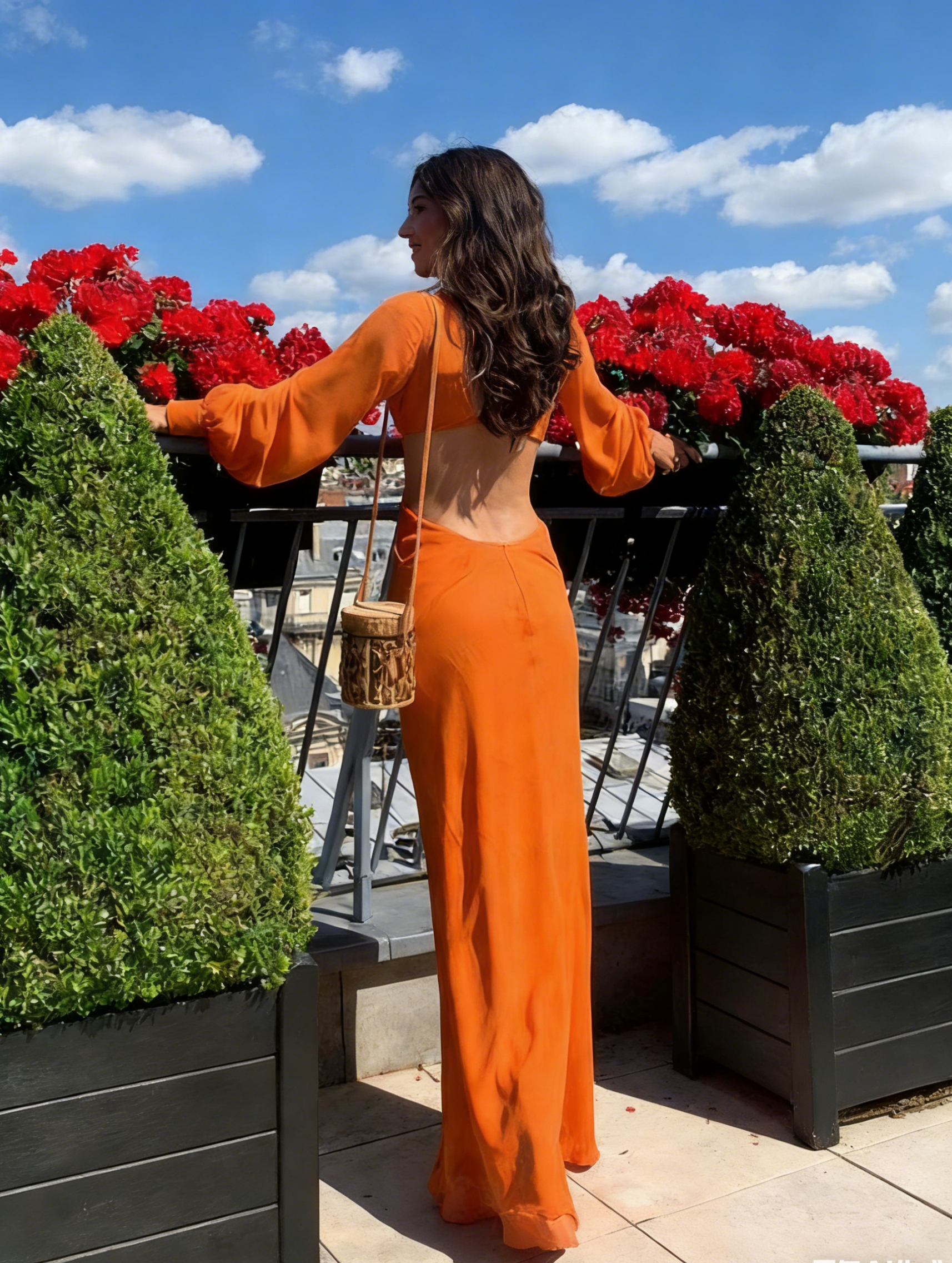 Bold Orange Chiffon Evening Dress with Plunge V-Neck, Cutout Bodice & Open Back