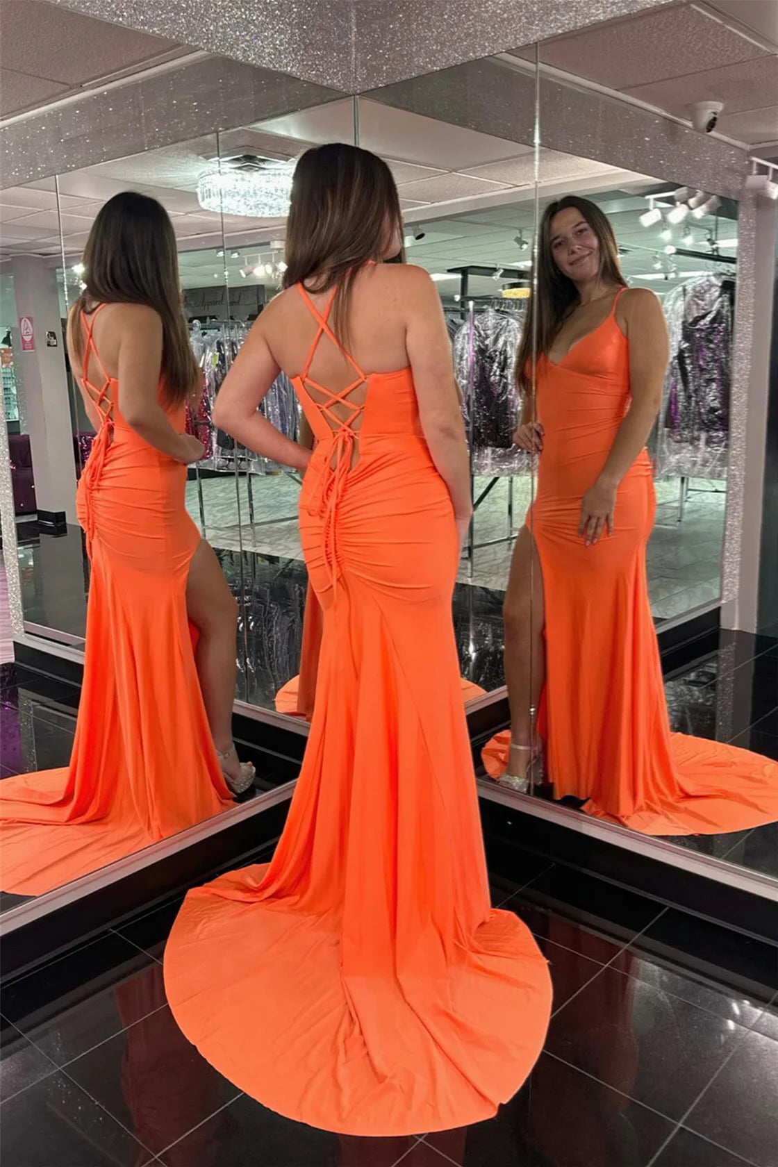 Bold Orange V-Neck Lace-Up Back Ruched Mermaid Floor-Length Prom Dress