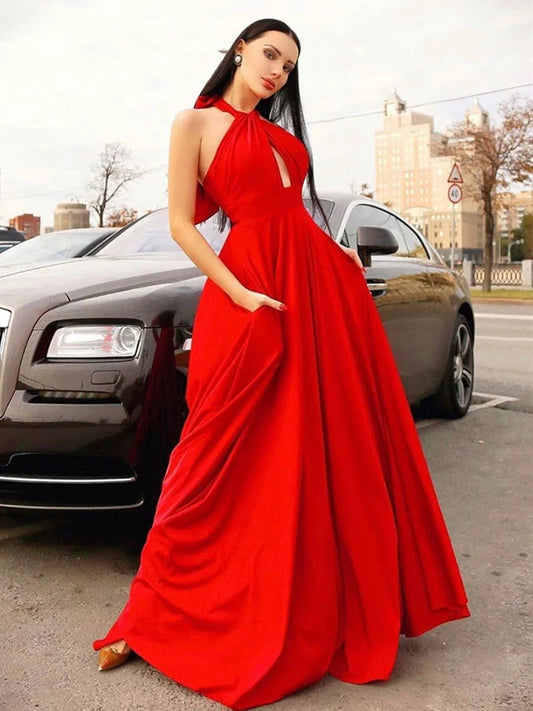 Bold Red Halter-Neck Keyhole Cut-Out A-Line Maxi Evening Dress