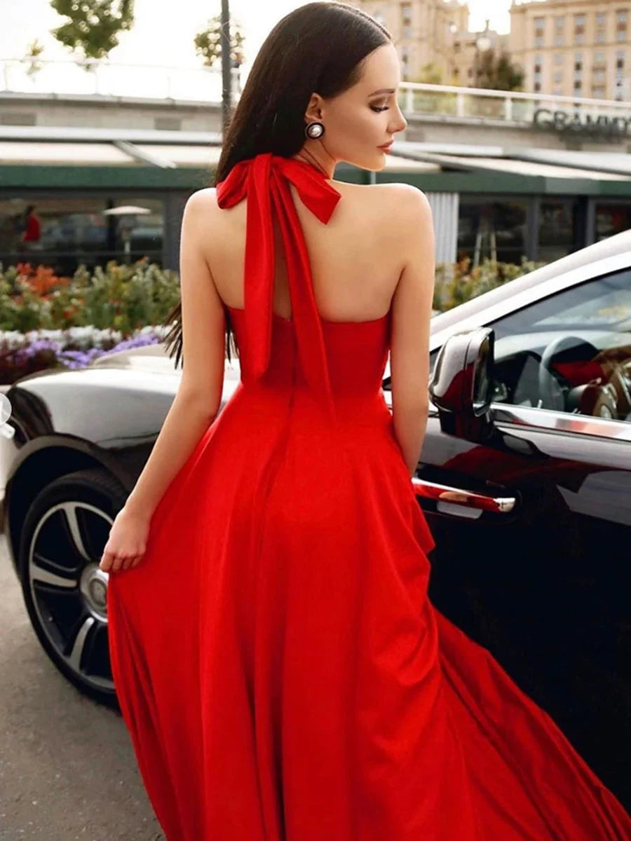 Bold Red Halter-Neck Keyhole Cut-Out A-Line Maxi Evening Dress