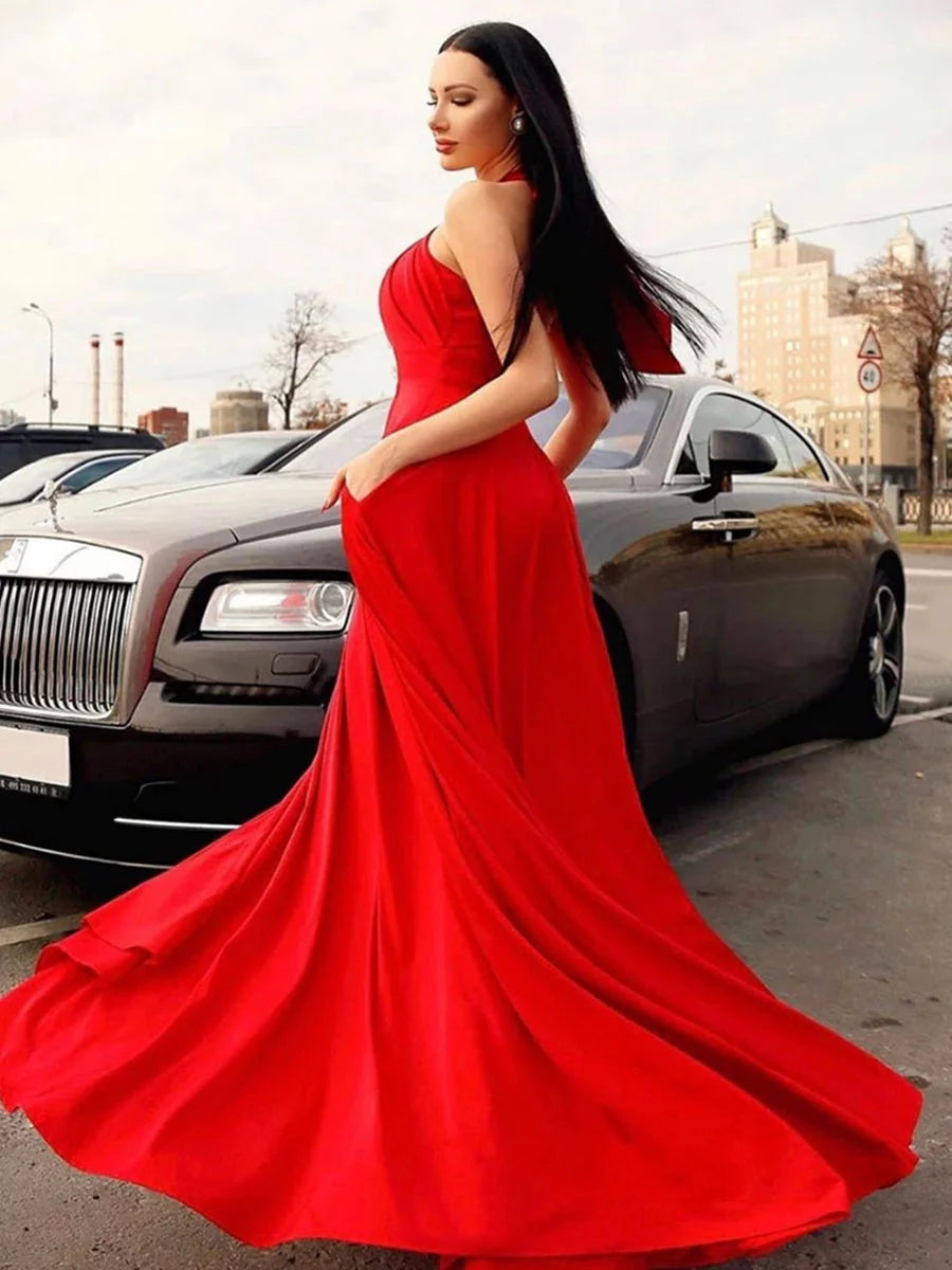 Bold Red Halter-Neck Keyhole Cut-Out A-Line Maxi Evening Dress