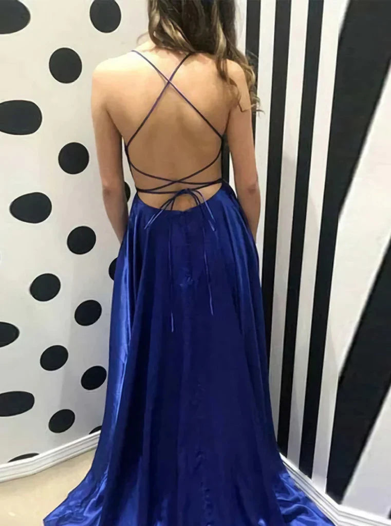 Bold Square Neck Royal Blue Satin Evening Dress with Cross-Back Straps & High Thigh Slit
