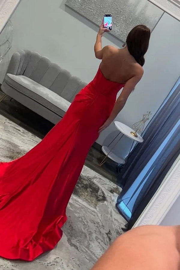 Bold satin mermaid strapless sweetheart neck floor length prom dress with front bow detail, keyhole cutout, high slit and train