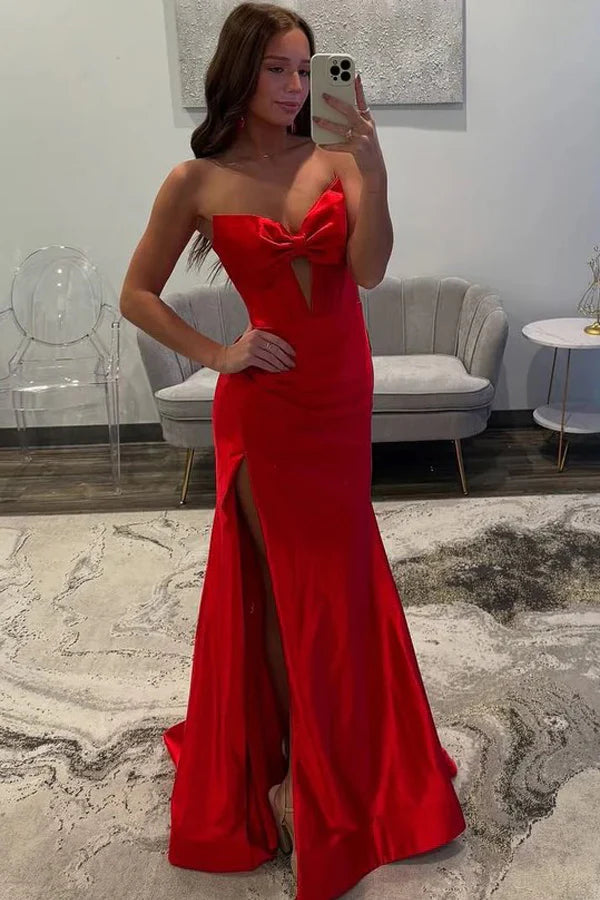 Bold satin mermaid strapless sweetheart neck floor length prom dress with front bow detail, keyhole cutout, high slit and train