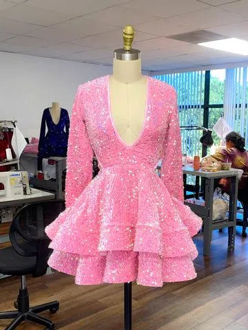 Bright A-Line Deep-V Long-Sleeve Full-Sequin Double-Tier-Ruffle Mini Homecoming Dress