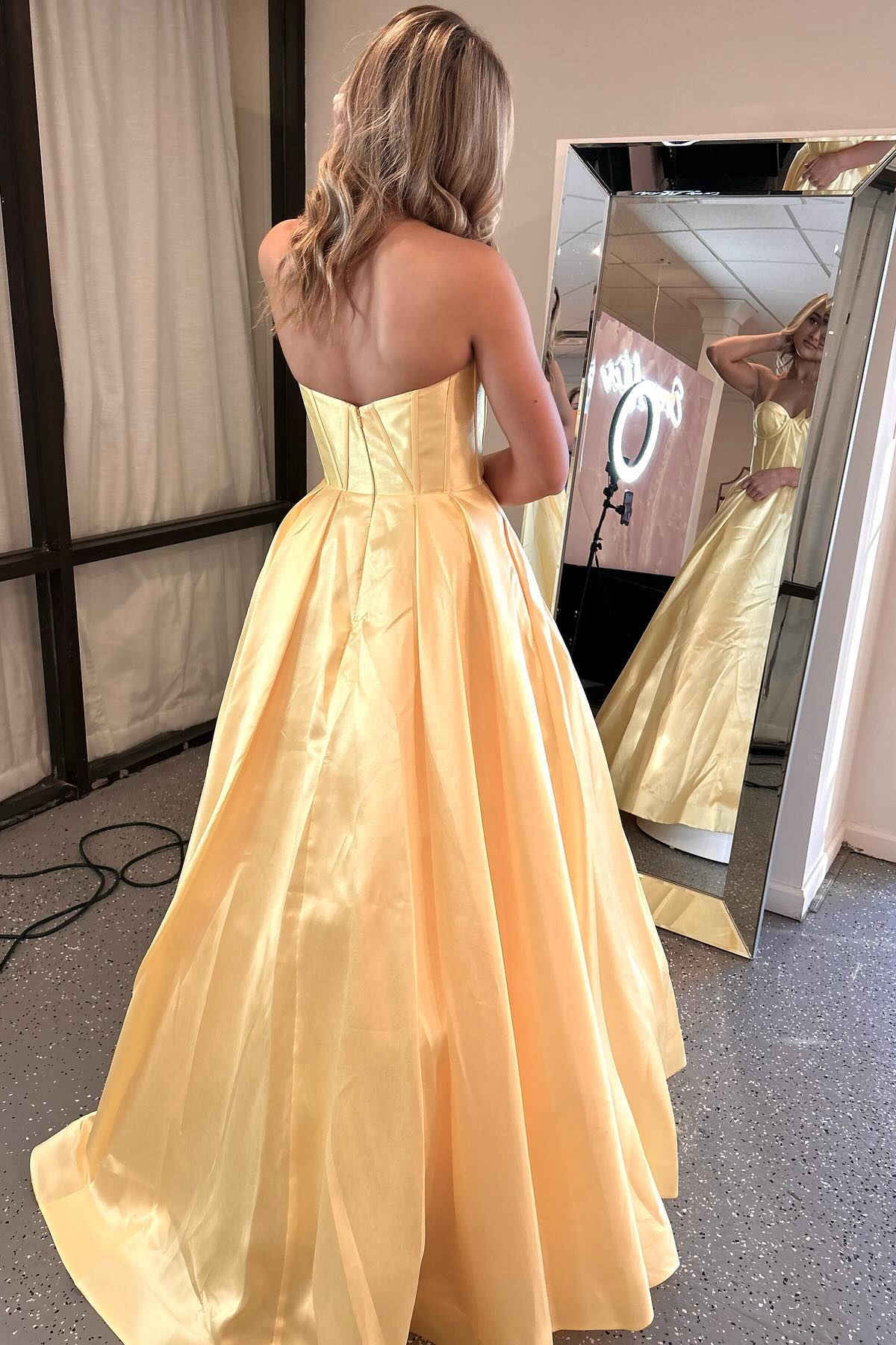 Bright A-Line Strapless Sweetheart Satin Floor-Length Prom Dress
