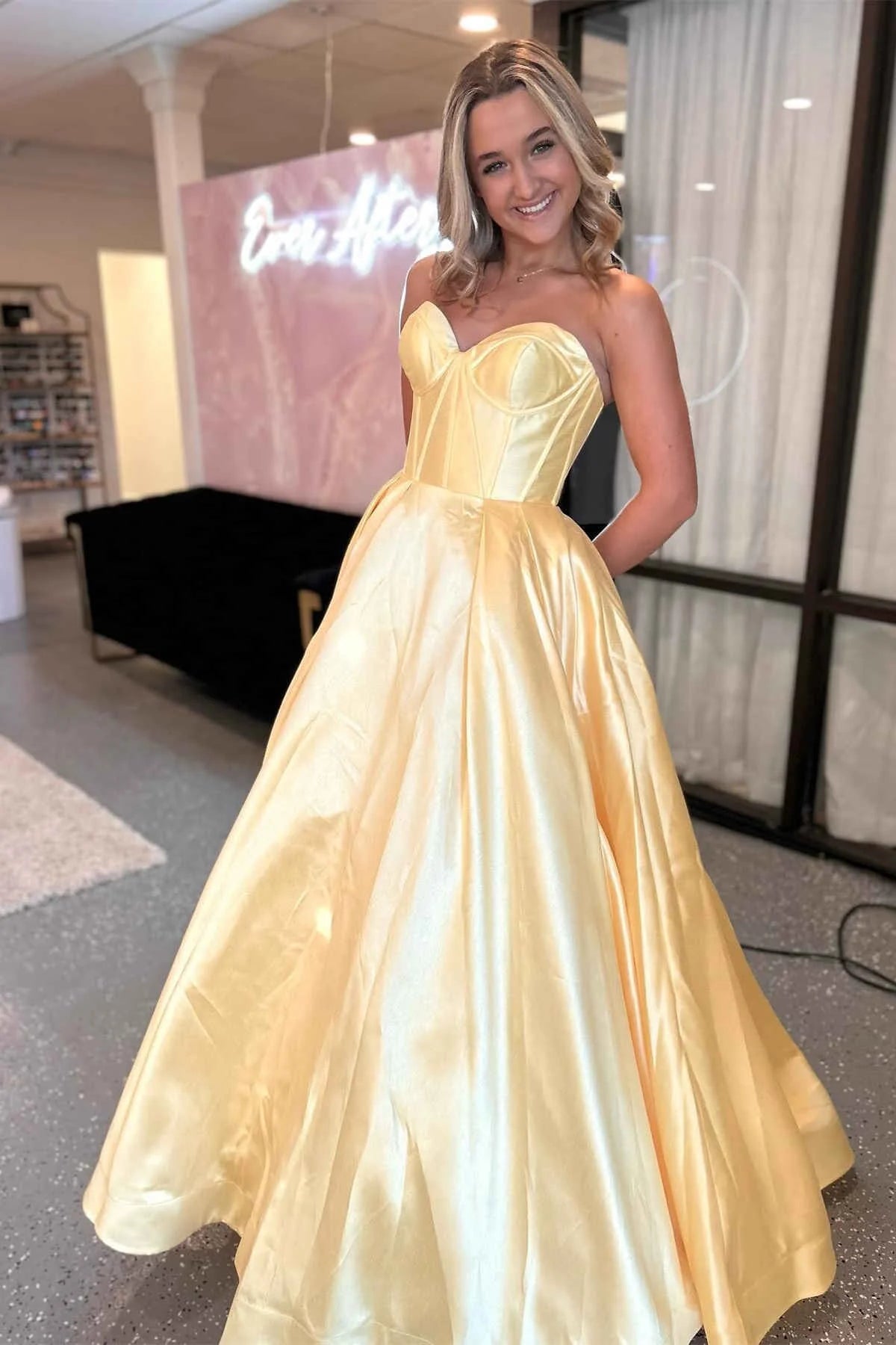 Bright A-Line Strapless Sweetheart Satin Floor-Length Prom Dress