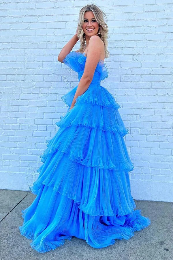 Bright Blue Ruffle Tulle Strapless Prom Gown – Tiered A-Line Formal Ball Gown with Train