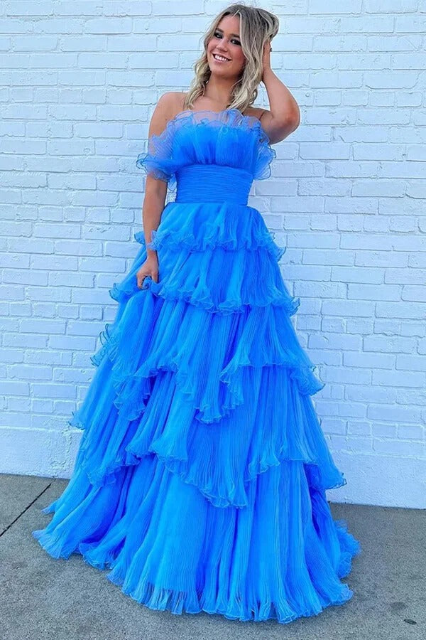 Bright Blue Ruffle Tulle Strapless Prom Gown – Tiered A-Line Formal Ball Gown with Train