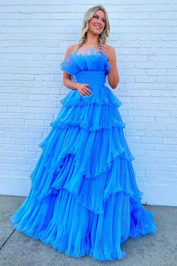 Bright Blue Ruffle Tulle Strapless Prom Gown – Tiered A-Line Formal Ball Gown with Train