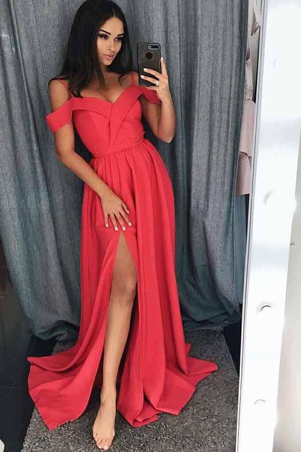 Bright Red Off-The-Shoulder Sweetheart Satin Maxi Gown with Slit & Train