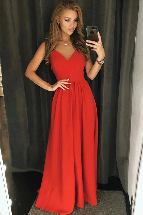 Bright Red Spaghetti Strap V-Neck Open Back Chiffon A-Line Maxi Gown