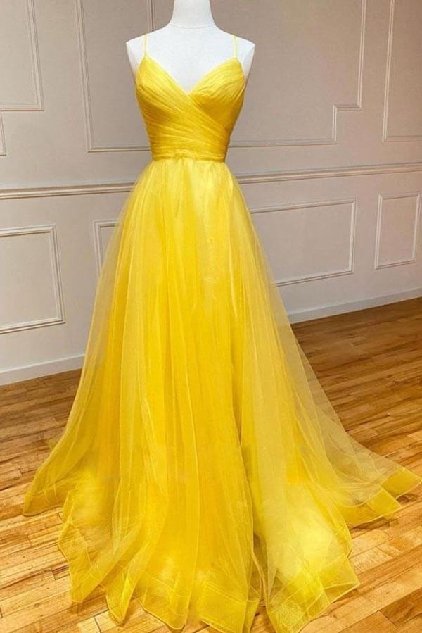 Bright Yellow Tulle Spaghetti Strap A-Line Ball Gown with Open Back
