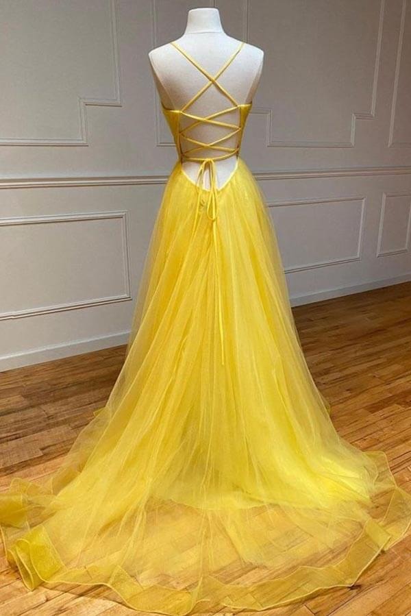 Bright Yellow Tulle Spaghetti Strap A-Line Ball Gown with Open Back