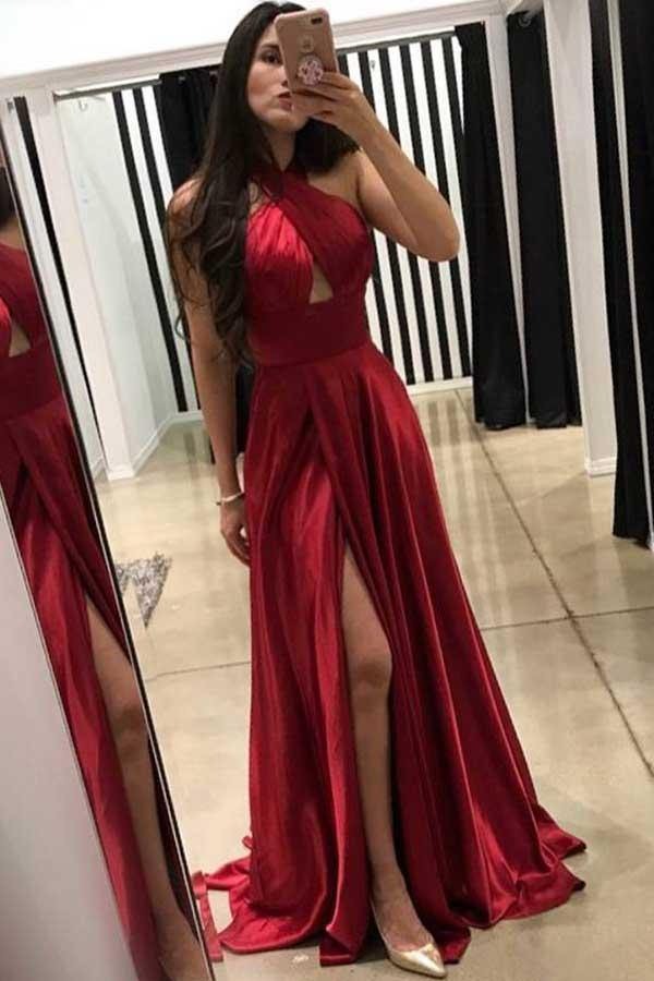 Burgundy Halter Neck Satin A-Line Maxi Dress with Slit & Train