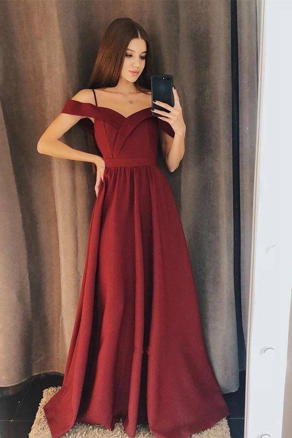 Burgundy Off-the-Shoulder Satin A-Line Maxi Dress – V-Neck Spaghetti Strap Formal Evening Gown