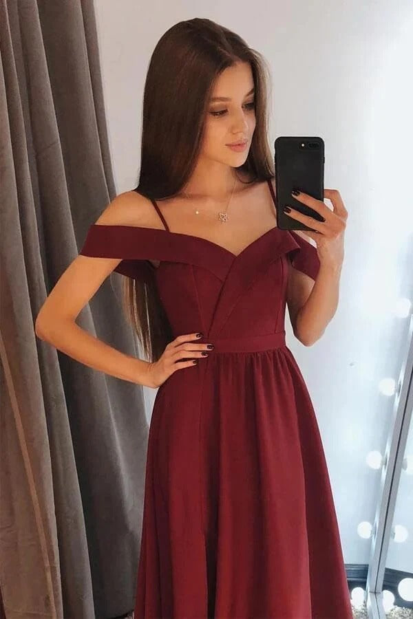 Burgundy Off-the-Shoulder Satin A-Line Maxi Dress – V-Neck Spaghetti Strap Formal Evening Gown