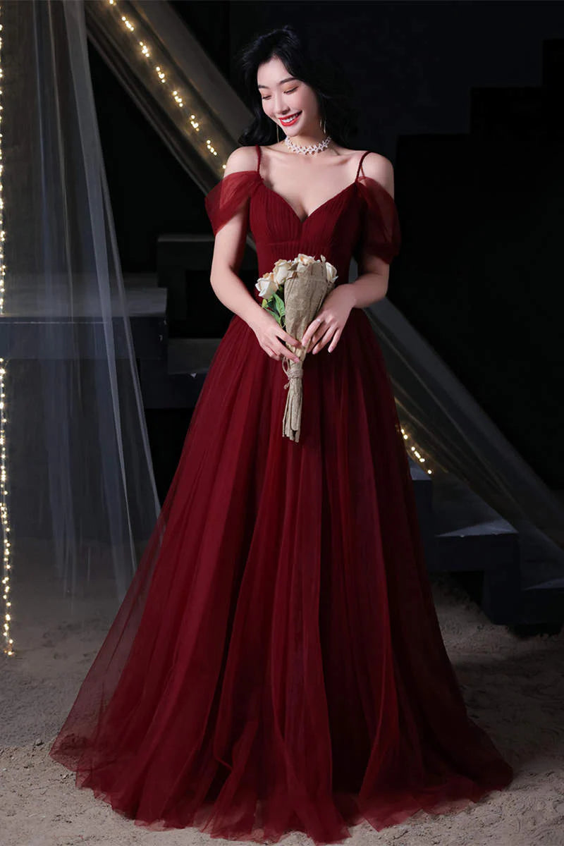 Burgundy Off-the-Shoulder Tulle Prom Dress with Lace-Up Back and Pleated Skirt