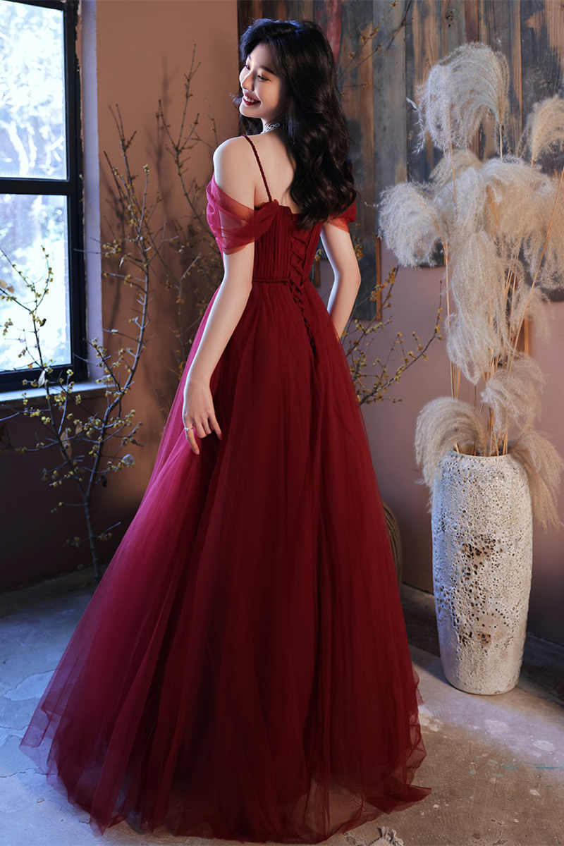 Burgundy Off-the-Shoulder Tulle Prom Dress with Lace-Up Back and Pleated Skirt
