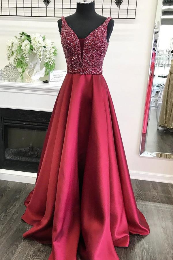 Burgundy Red Beaded V-Neck Satin A-Line Prom Maxi Gown with Train