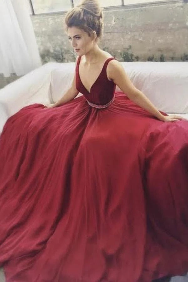 Burgundy Red Spaghetti Strap V-Neck Beaded Waist Tulle Ball Gown