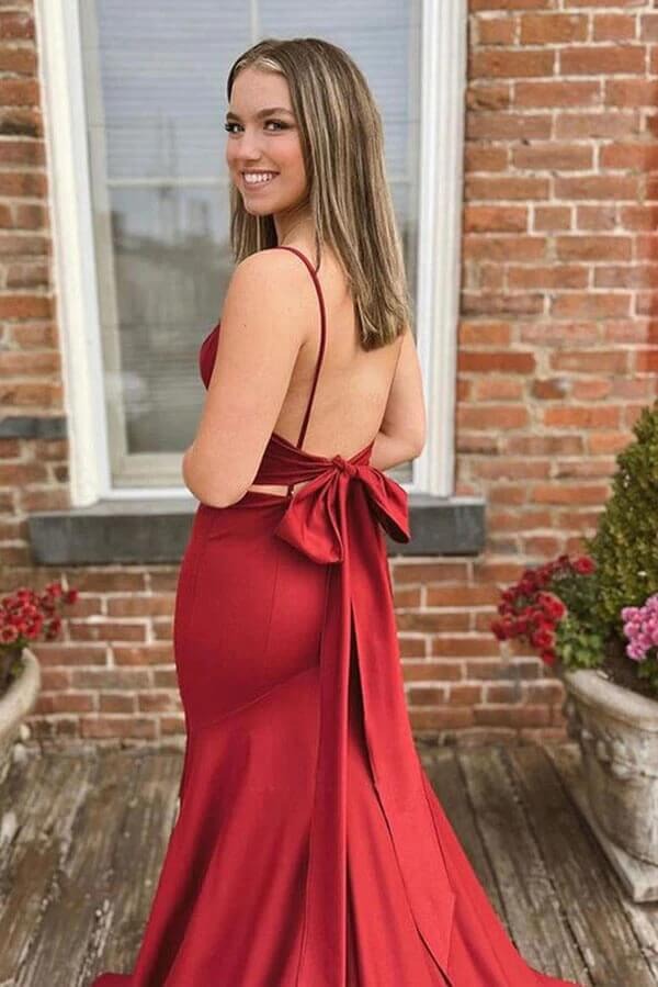 Burgundy Red Spaghetti Strap V-Neck Open Back Satin Mermaid Prom Maxi Gown with Train