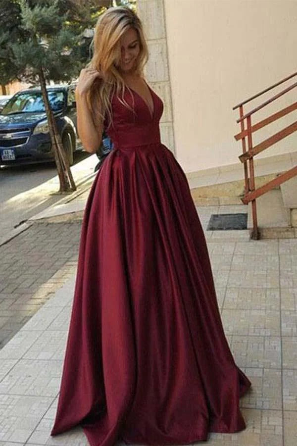 Burgundy Satin Ball Gown – Spaghetti Strap Deep V-Neck Formal Prom Dress