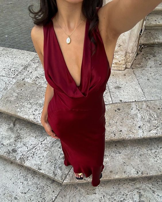 Burgundy Satin Cowl Neck Prom Dresses Backless Sleeveless Mermaid Maxi Formal Gown