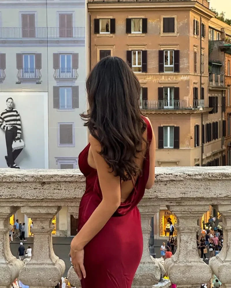 Burgundy Satin Cowl Neck Prom Dresses Backless Sleeveless Mermaid Maxi Formal Gown