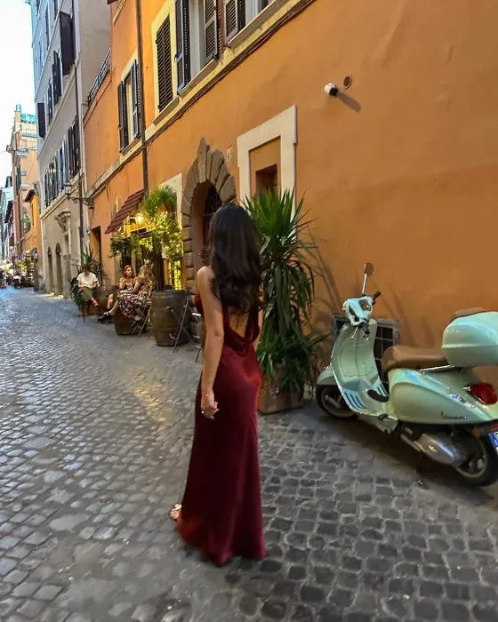 Burgundy Satin Cowl Neck Prom Dresses Backless Sleeveless Mermaid Maxi Formal Gown