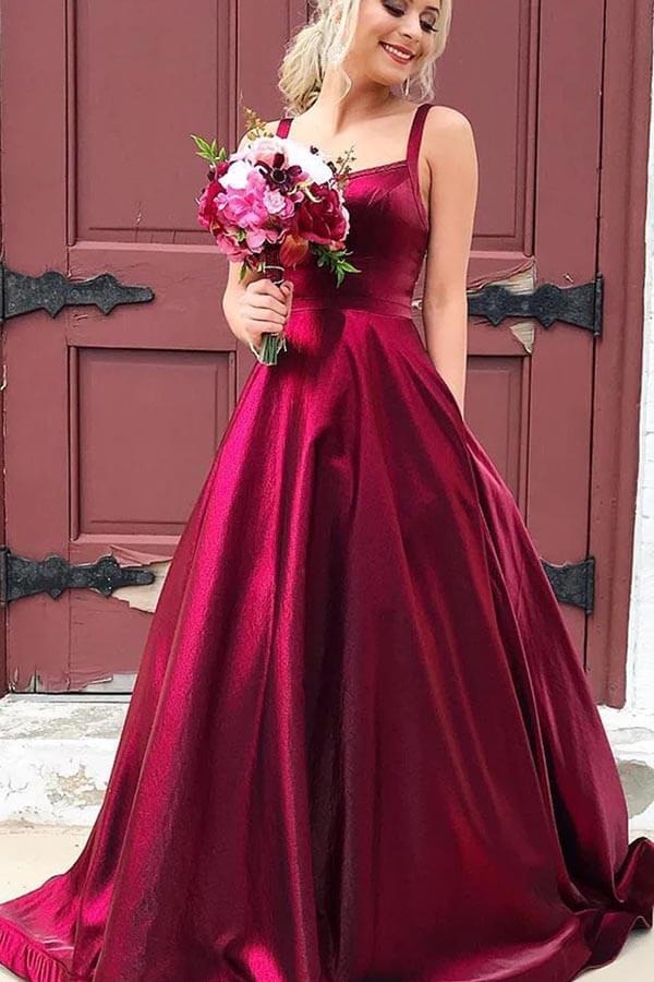 Burgundy Satin Open Back Gown with Straps and Train