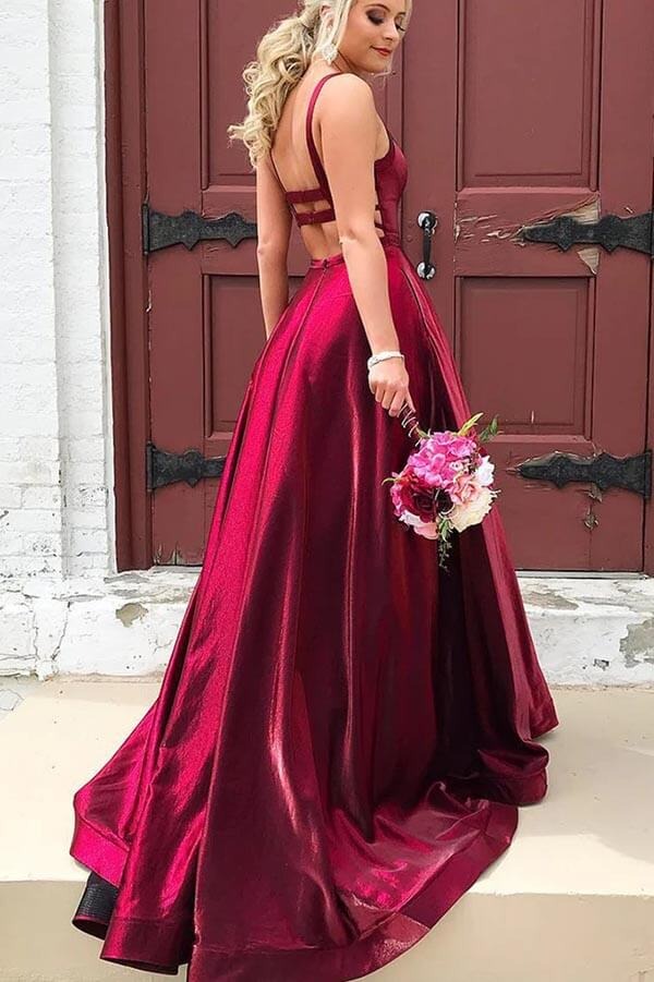 Burgundy Satin Open Back Gown with Straps and Train
