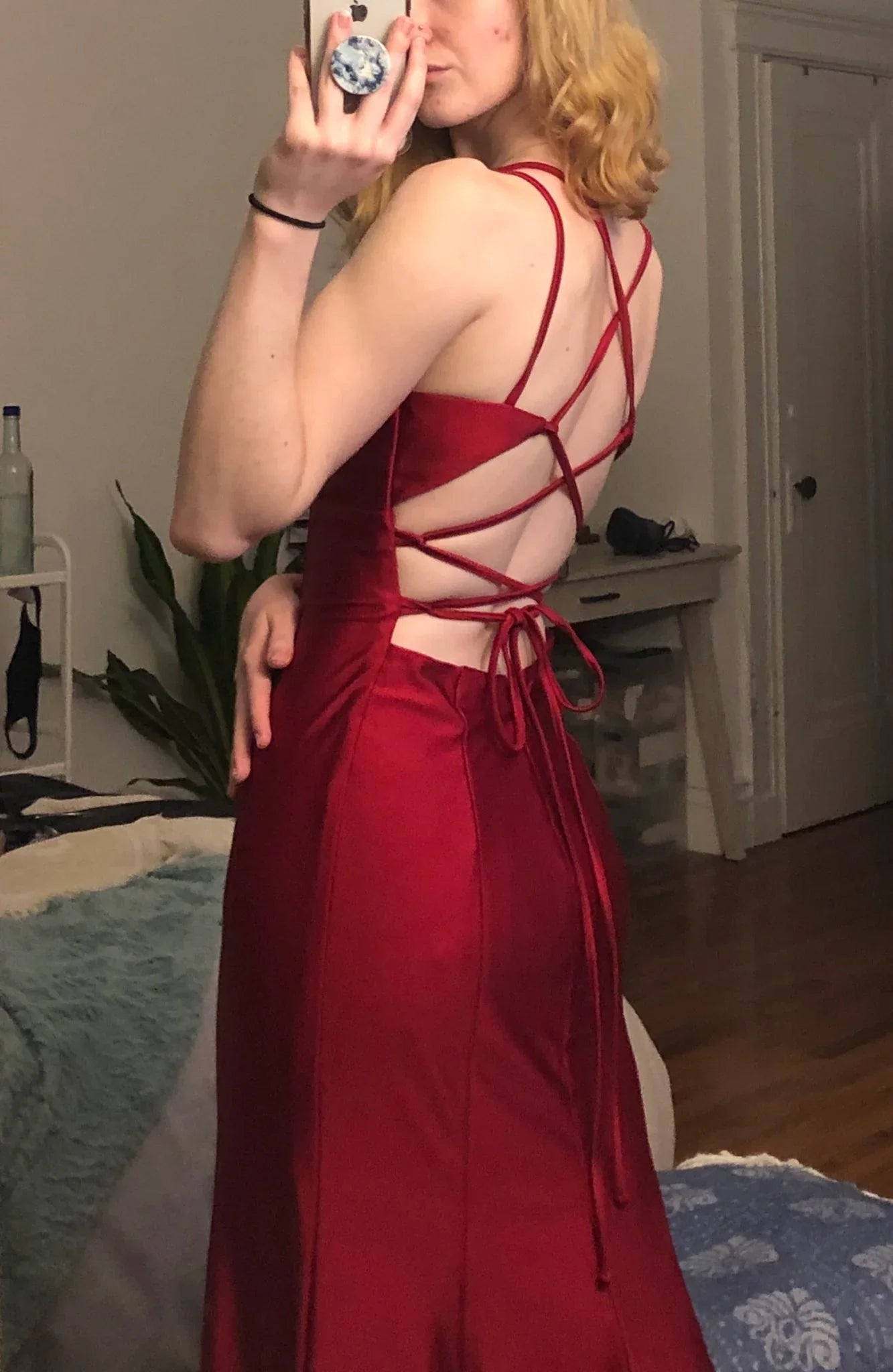 Burgundy Satin Plunge Neck Criss-cross Back Mermaid Evening Dresses