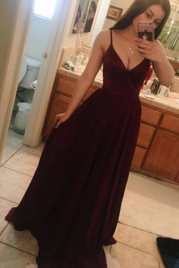 Burgundy Velvet Plunging V-Neck Spaghetti Strap A-Line Maxi Gown