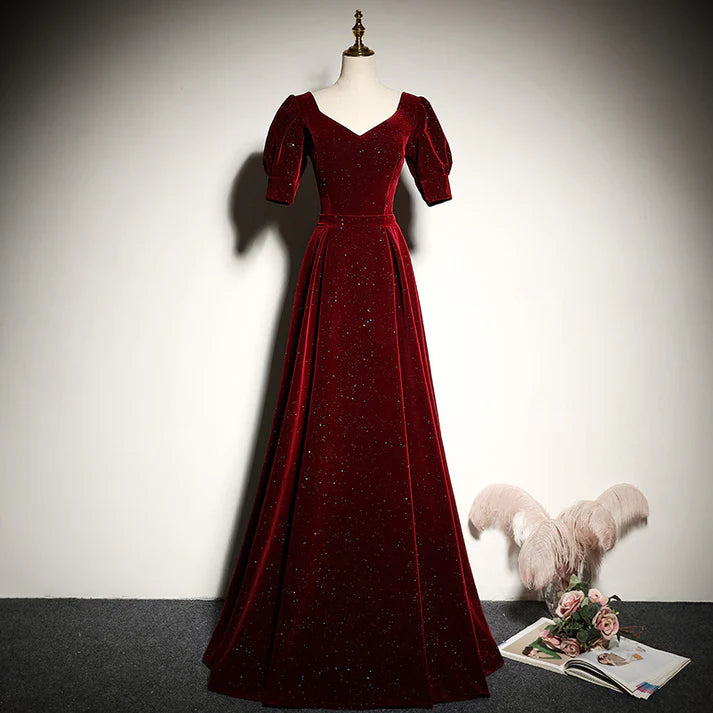 Burgundy Velvet Sweetheart Neck Puff Sleeve Evening Dresses with Lace-up Back and Sparkle Detail