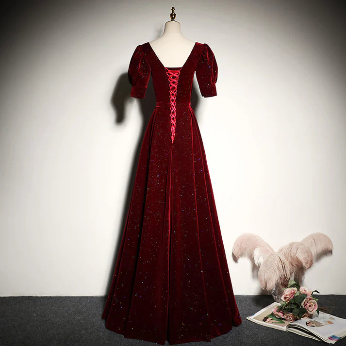 Burgundy Velvet Sweetheart Neck Puff Sleeve Evening Dresses with Lace-up Back and Sparkle Detail
