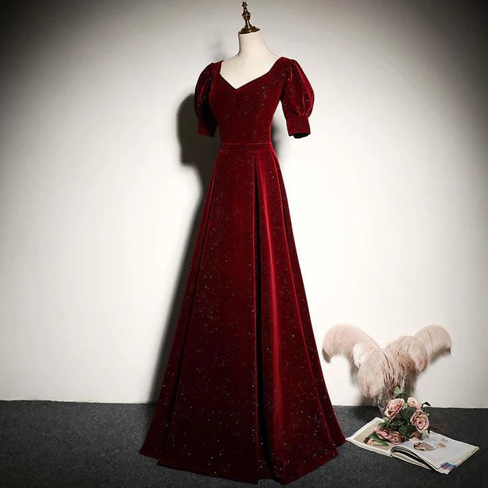 Burgundy Velvet Sweetheart Neck Puff Sleeve Evening Dresses with Lace-up Back and Sparkle Detail