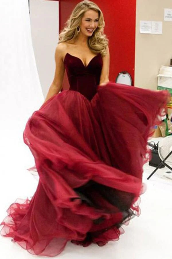 Burgundy Velvet & Tulle Ball Gown – Strapless Sweetheart Formal Prom Dress