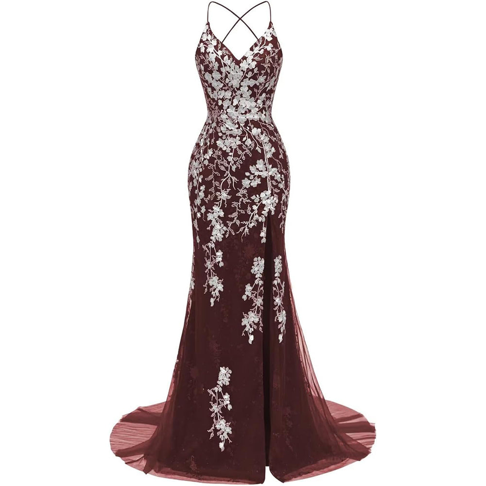 Meerjungfrau-Ballkleid aus italienischer Spitze mit Nudelträgern