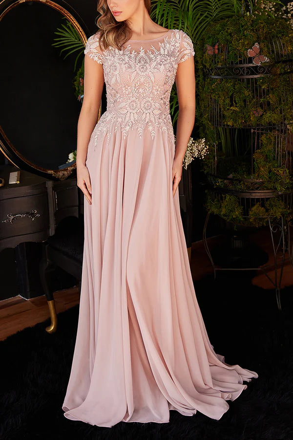 Robe de mère de la mariée élégante à manches courtes et appliques en dentelle trapèze