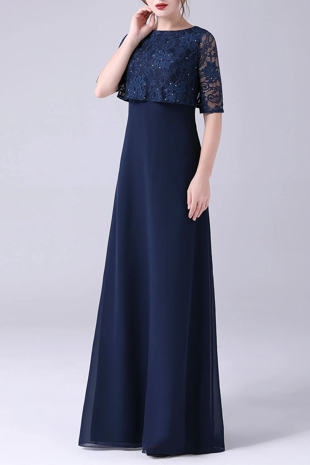 Navy blue short sleeved A-line chiffon to floor length mother of the bride dress
