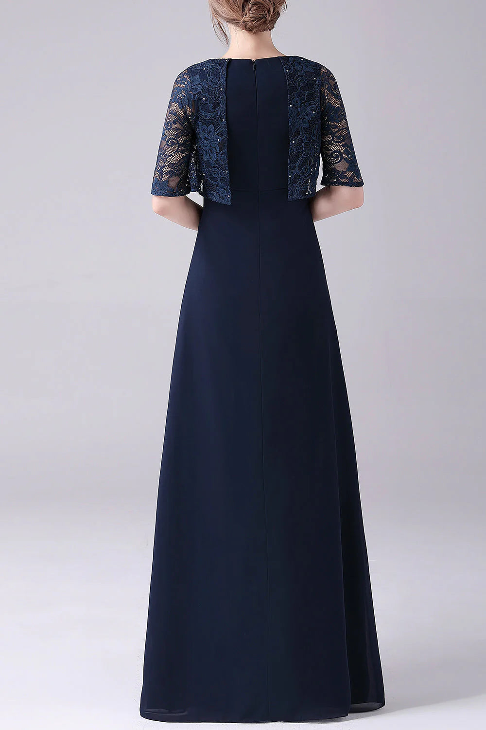 Navy blue short sleeved A-line chiffon to floor length mother of the bride dress