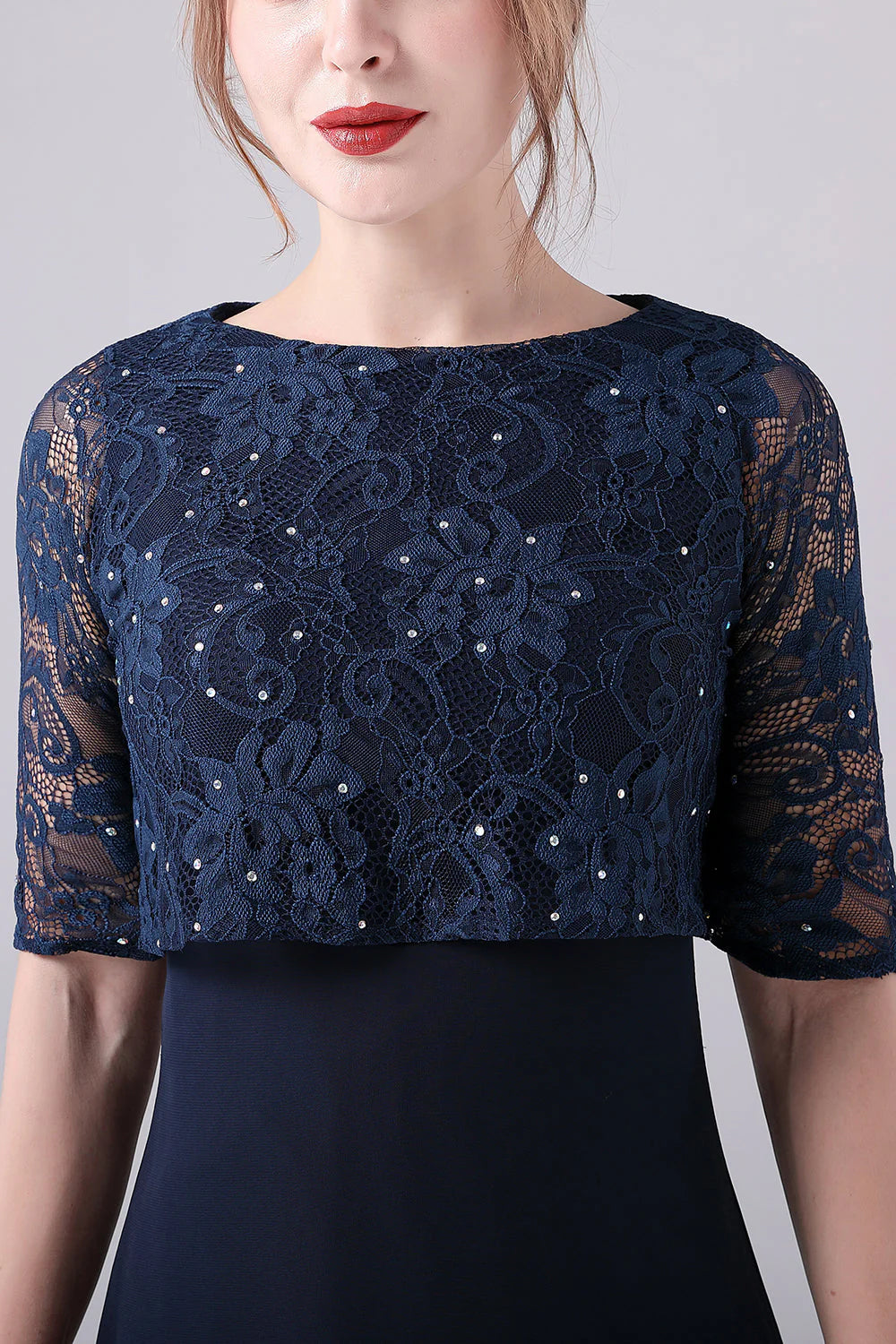 Navy blue short sleeved A-line chiffon to floor length mother of the bride dress