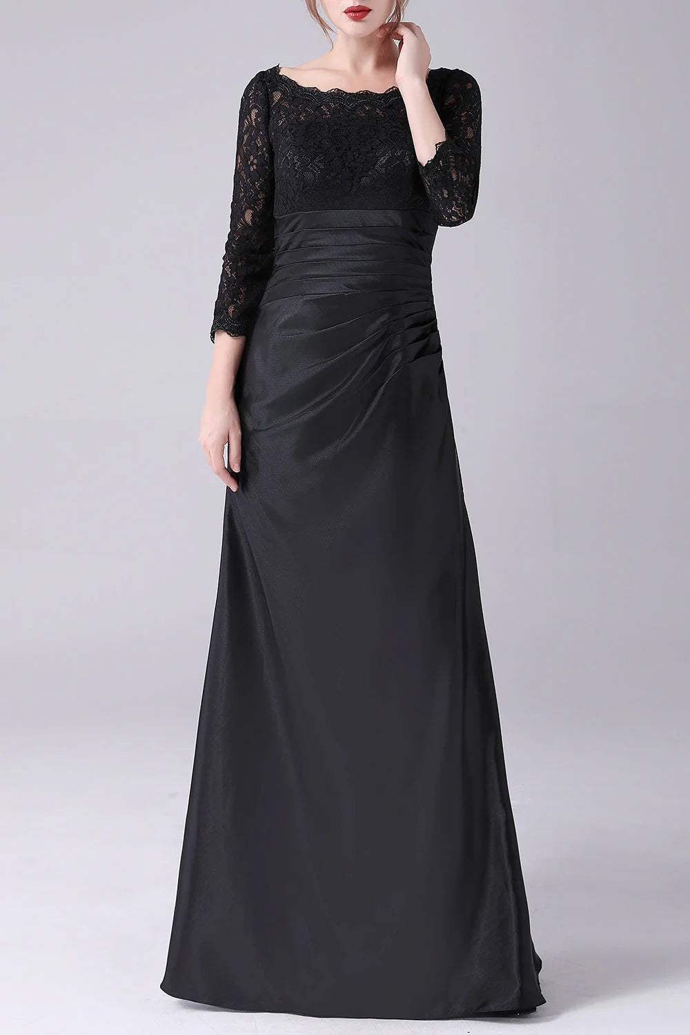 Black A-line boat neck long sleeved mother of the bride dress