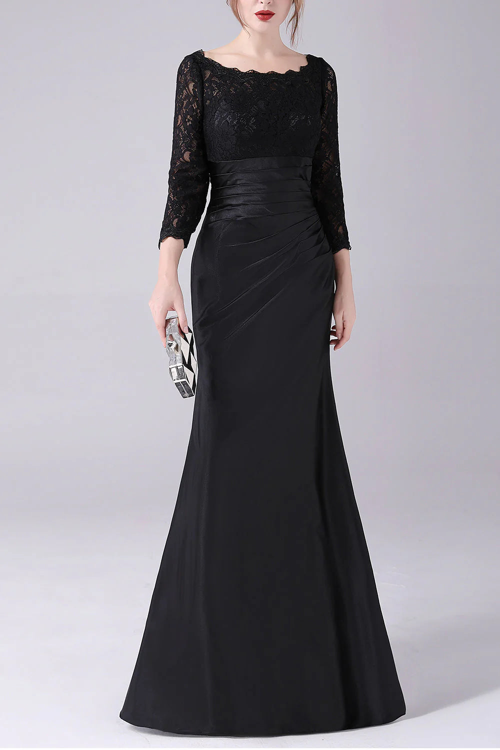 Black A-line boat neck long sleeved mother of the bride dress