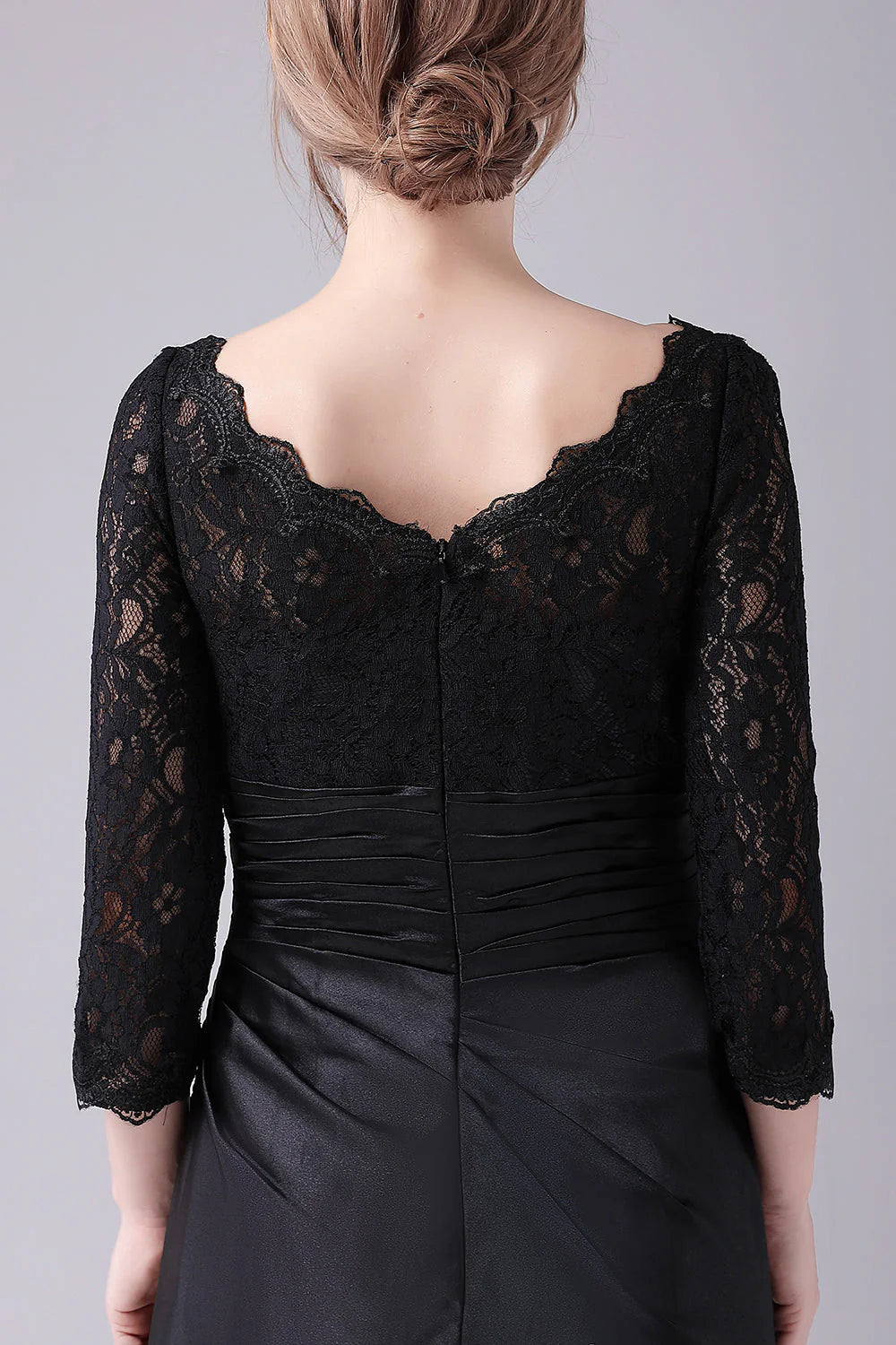 Black A-line boat neck long sleeved mother of the bride dress