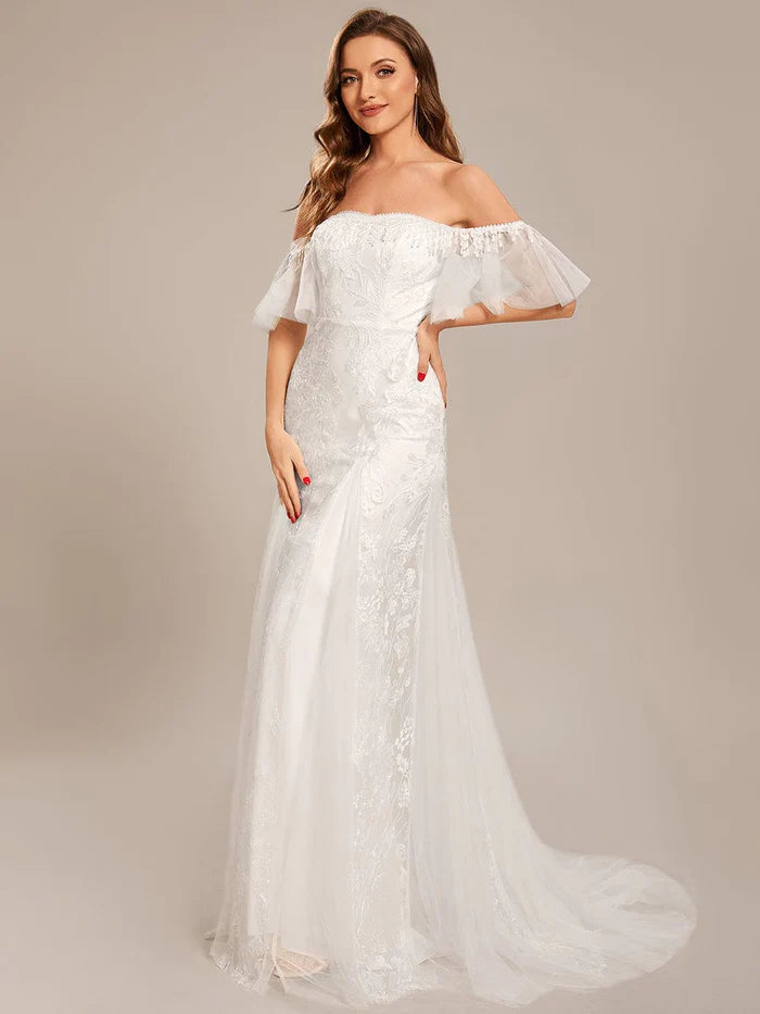 Robe de mariée sirène moulante en dentelle à épaules dénudées, taille personnalisée 