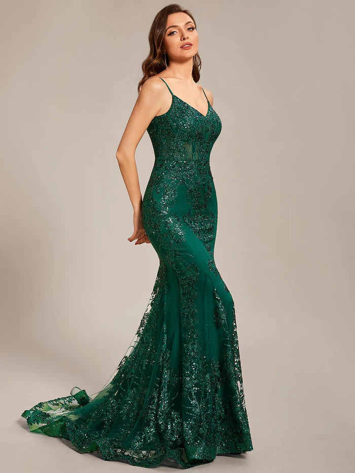 Robe de bal sirène transparente brodée de sequins, taille personnalisée 